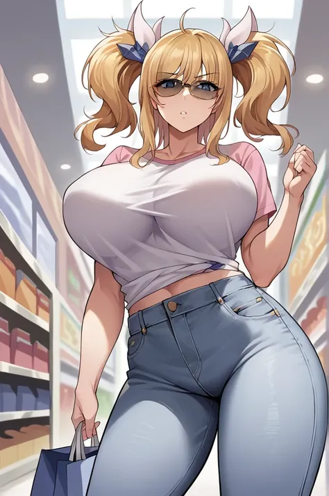 score_9, score_8_up, score_7_up, score_6_up, source_anime, BREAK 1girl, onizaki kirara, blonde hair, twintails, hair ornament, pink t-shirt, large breasts, sunglasses, distressed jeans, shopping mall, looking at you,