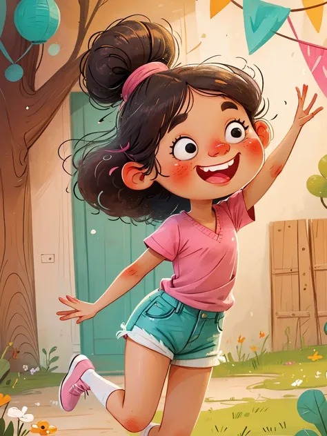 masterpiece, high quality, a cartoon little girl wearing a pink v-neck shirt and white shorts, show your bright teeth, big cute ...