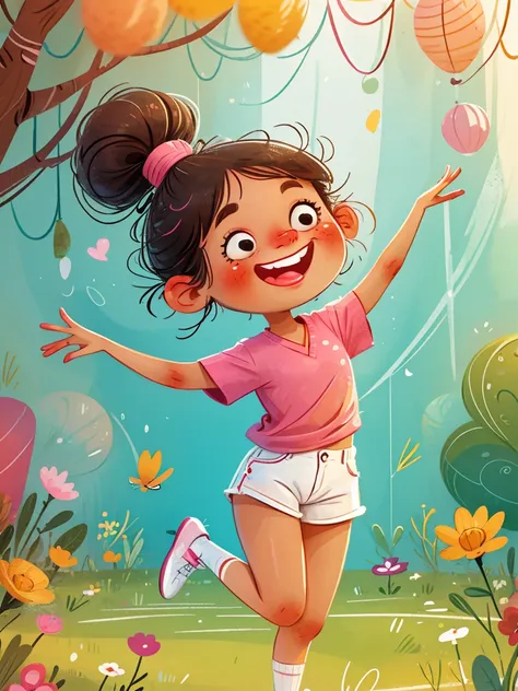 masterpiece, high quality, a cartoon little girl wearing a pink v-neck shirt and white shorts, show your bright teeth, big cute ...