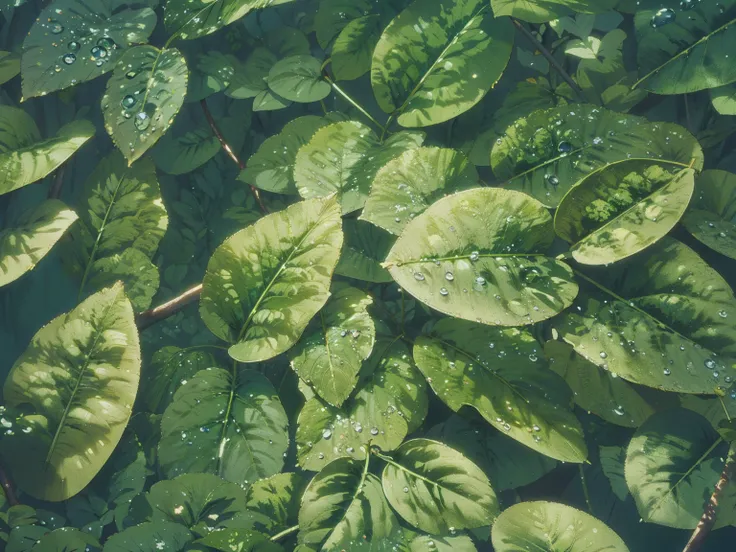 a close up of a bunch of green葉 with water droplets, green葉, dark green葉, wet leaves, green leaves, highly detailed green葉, gree...