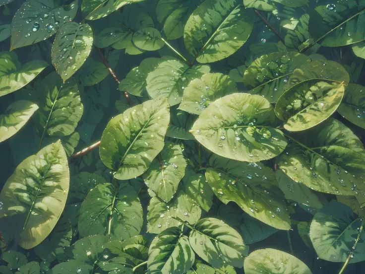 a close up of a bunch of green葉 with water droplets, green葉, dark green葉, wet leaves, green leaves, highly detailed green葉, gree...