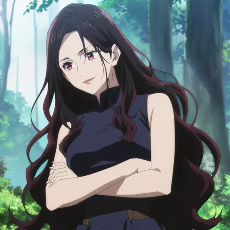 1girl, anime screencap from jujutsu kaisen, solo, very long_hair, ((smooth texture hair)) purple eyes, ((length_hair, black_hair, very_length_hair, slight wavy hair,red_eye)), breasts, upper_body, smile, forest background, black_eyes, lips, (( length_hair,...