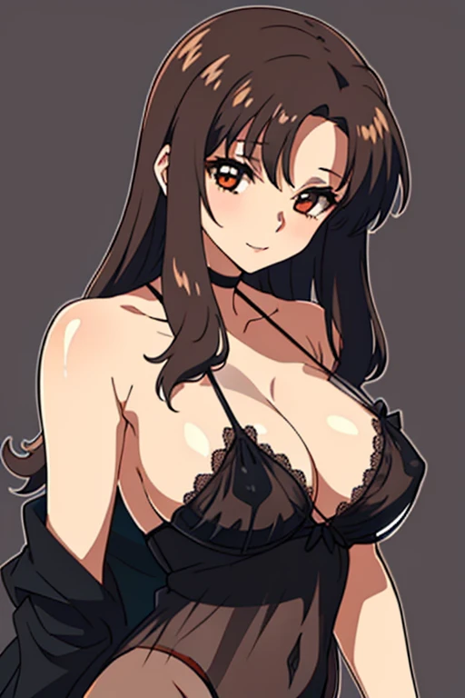 (beautiful detailed eyes:1.5, beautiful detailed face:1.2, beautiful detailed hair), Murrue Ramius, 1 woman, mature, milf, red eyes, blush, (nsfw, sexy, Curvy), (brown hair, long hair, bangs), (sagging huge breasts), (see-through black negligee:1.5), (uppe...