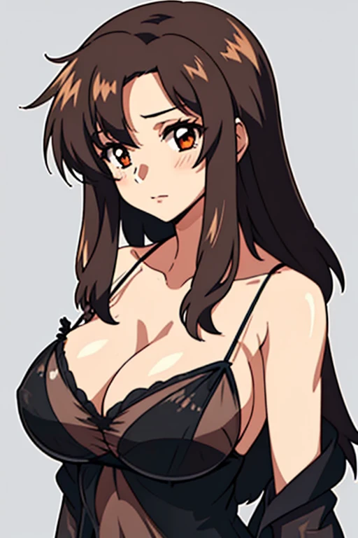 (beautiful detailed eyes:1.5, beautiful detailed face:1.2, beautiful detailed hair), Murrue Ramius, 1 woman, mature, milf, red eyes, blush, (nsfw, sexy, Curvy), (brown hair, long hair, bangs), (sagging huge breasts), (see-through black negligee:1.5), (uppe...