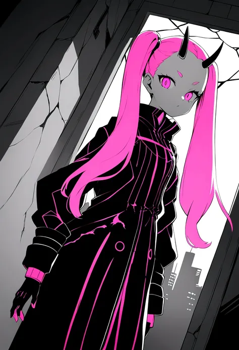 Anime Oni-girl. She has long pink twintails and parted bangs. ((forehead))++. She is wearing a red and black gothic dress. She has oni horns. The background includes a cyberpunk cityscape visible through a cracked window. Neon glows and deep shadows. Creat...