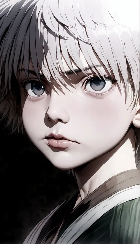 killua sad frustrated face, 1boy, detailed face, beautiful eyes, beautiful lips, extremely detailed, masterpiece, hyper-realisti...