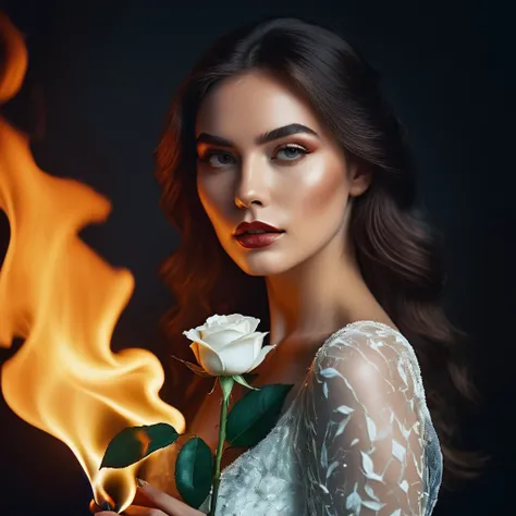 a woman with a white rose on fire, flawless skin, whimsical photography style, photo captured by an Arriflex 35BL camera using Canon K25 prime lenses, cinematic, dramatic lighting, ultra clear, breathtaking surreal masterpiece. sensual pose