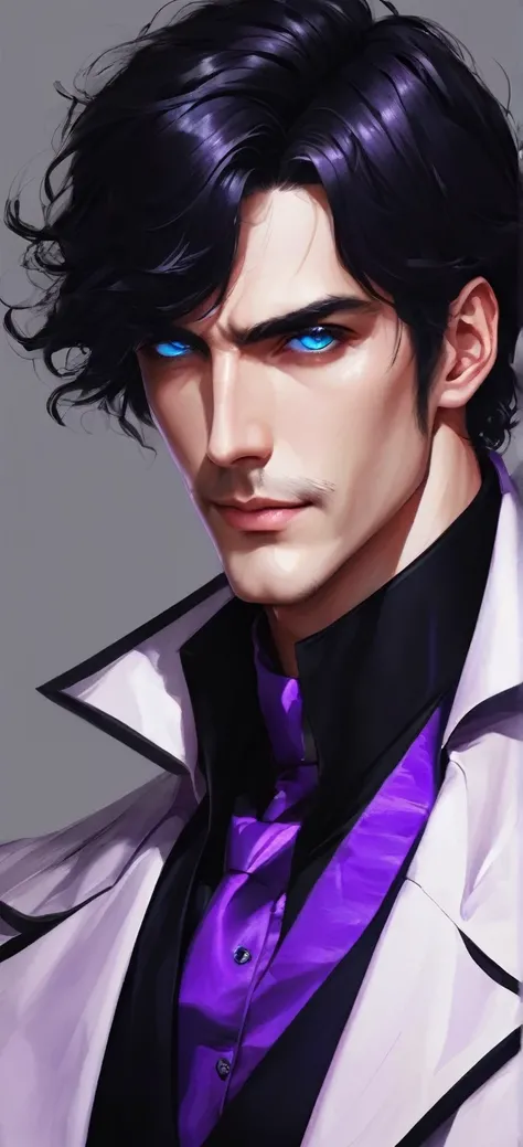 ((man)) (male), perfect face, evil smile, insane, crazy, black raincoat, Black suit, one young male, beautiful , dark hair, Blue eyes, and beard purple victorian shirt, purple frill, Beautiful face, dark hair,, detailed hair, Blue eyes, Beautiful eyes