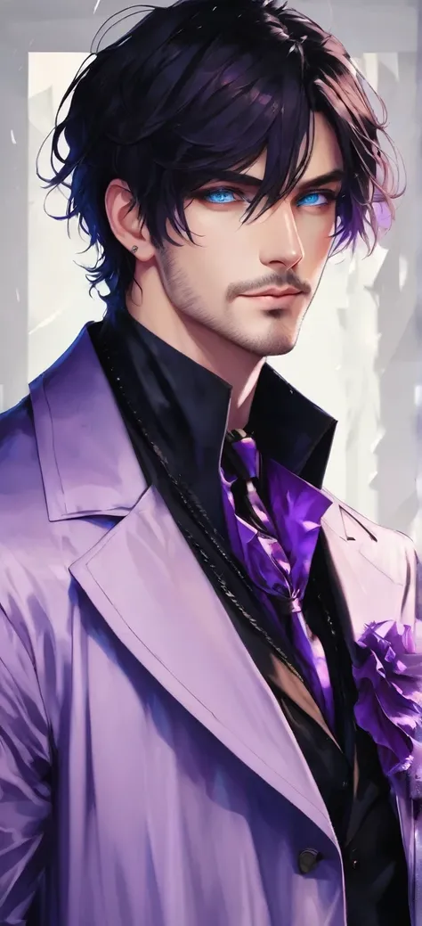 ((man)) (male), perfect face, evil smile, insane, crazy, black raincoat, Black suit, one young male, beautiful , dark hair, Blue eyes, and beard purple victorian shirt, purple frill, Beautiful face, dark hair,, detailed hair, Blue eyes, Beautiful eyes