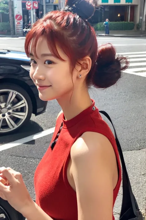 Top quality, 1 beautiful woman, (Bun Hair:1.3), red hair, wearing Camisole, shy-smile, upper body, at street