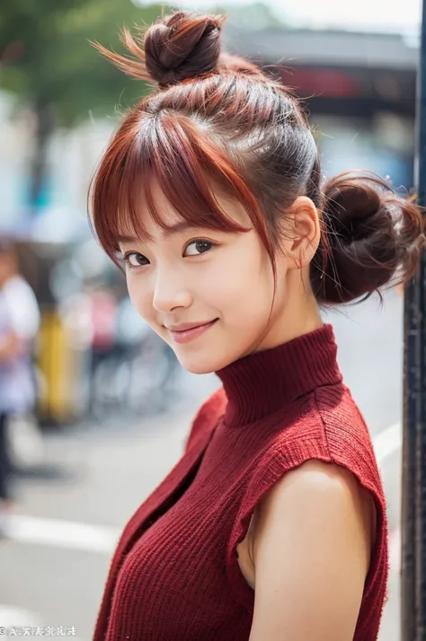 Top quality, 1 beautiful woman, (Bun Hair:1.3), red hair, wearing Camisole, shy-smile, upper body, at street