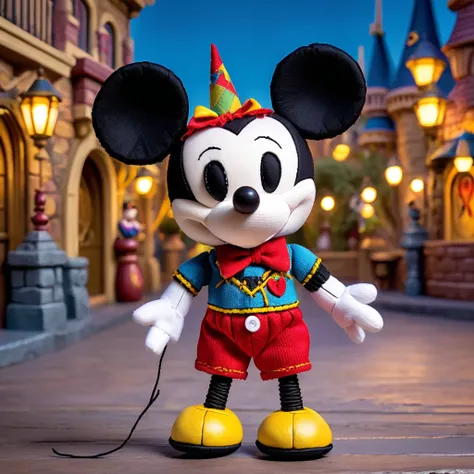 (knitted toy voodoo doll:1.9), (voodoo Mickey Mouse:1.3), (Clothing: classic Mickey Mouse outfit with red shorts, yellow shoes, white gloves:1.0), (Accessories: small magic wand, mouse ears:1.1), (background: Disneyland with castle and colorful lights:1.2)...