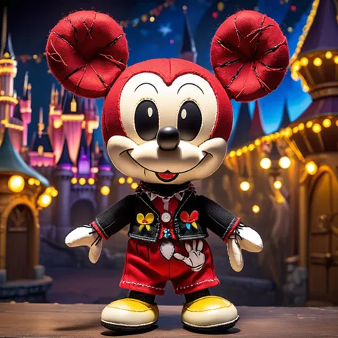 (knitted toy voodoo doll:1.9), (voodoo Mickey Mouse:1.3), (Clothing: classic Mickey Mouse outfit with red shorts, yellow shoes, white gloves:1.0), (Accessories: small magic wand, mouse ears:1.1), (background: Disneyland with castle and colorful lights:1.2)...