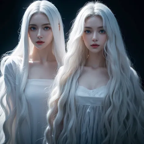 1 woman, White long curly hair，Natural and beauty hair, clean and beauty. White hair. Blue natural eyes. Black clothes. Black, shadows. Night. Fondo oscuro, sin luz. Mortem. La muerte. 