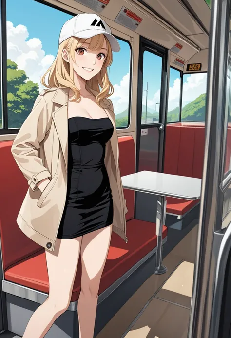 blonde-red shoulder length hair girl, medium round breasts, ((standing near bus seat)), smiling, (white cap, beige jacket, black triangle strapless, black denim pencil mini skirt, sandals ), anime illustration