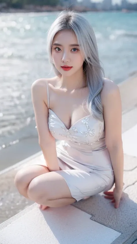 25-year-old girl，Silver hair，Huge breasts，cleavage，White dress，butterfly pattern dress，pink eye shadow，Gray Eyes，seaside