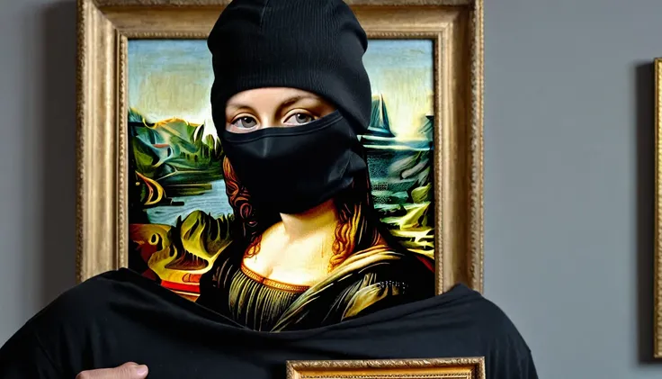 A character with his face covered with a black balaclava,  holding a painting of the monalisa , a close-up image, high quality, hyperrealistic, ultra detailed 