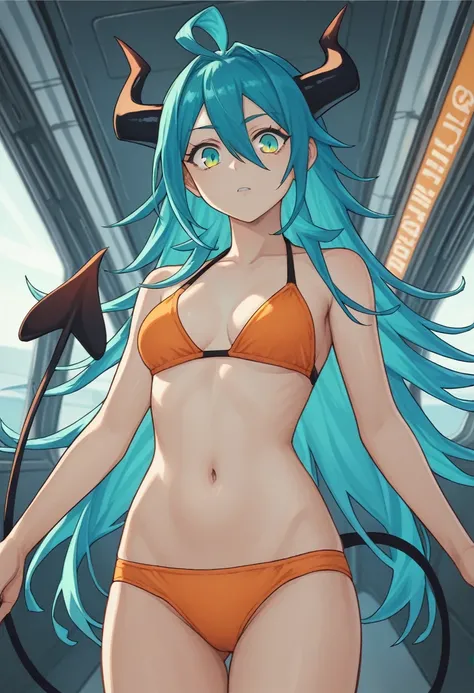 score_9, score_8_up, score_7_up,1 daemon woman, black  demon horns, black demon tail, (aquamarine hair),aquamarine green color hair,ahoge, long hair, (long hair),bangs, light orange bikini, bikini is orange, bikini orange, orange bikini!, (aquamarine eyes)...