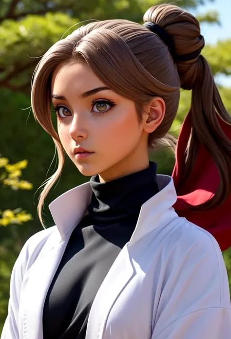 create a girl 1, hair, (white eyes), akatsuki outfit, ninja, cape, lab coat, turtleneck, collarbone, head, outdoors, hair bun part, hair, long hair, style 2d rendering, no background, coloring line art, cool coloring pages, coloring book art, coloring book...