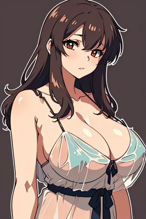 (beautiful detailed eyes:1.5, beautiful detailed face:1.2, beautiful detailed hair), Murrue Ramius, 1 woman, mature, milf, red eyes, blush, (nsfw, sexy, Curvy), (brown hair, long hair, bangs), (sagging huge breasts), (see-through negligee:1.5), (upper body...