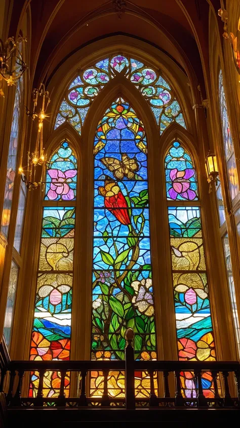 ((Highest quality)), ((masterpiece)), (detailed）Stained glass in a mansion with a motif of nature and insects 1.2