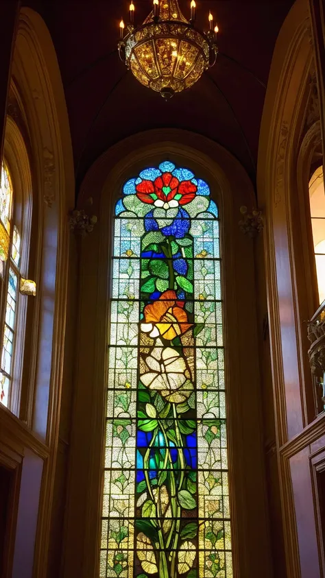 ((Highest quality)), ((masterpiece)), (detailed）Stained glass in a mansion with a motif of nature and insects 1.2