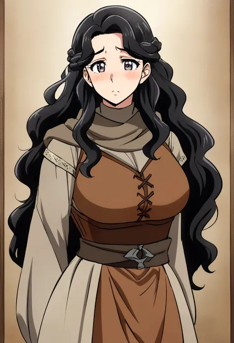 anime style drawing, fairy with long black wavy hair, who appears to be 22 years old, mature appearance and medieval clothing of an adventurer, blushing