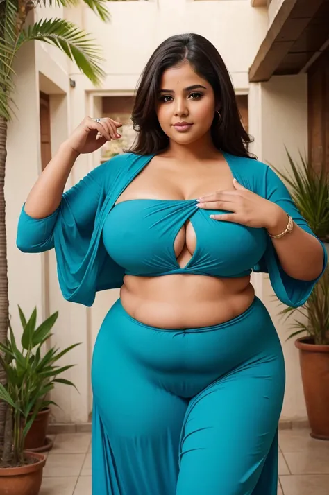 A 35 year old fat woman, fair skin, thick ass, shapely body and wearing salwar, has two mouths and five hands on one stomach.