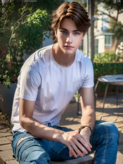 a beautiful teenage white boy with deep blue eyes, curly brown hair, pale smooth skin, sitting outdoors, wearing skinny jeans, p...