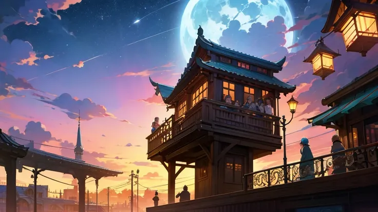 Anime Style,Nostalgic,Detailed background,Magical World,A lively bar with lots of people,Beautiful sky,Bard&#39;s Smiling Beauty,guitar,Large Breasts,Healthy thighs