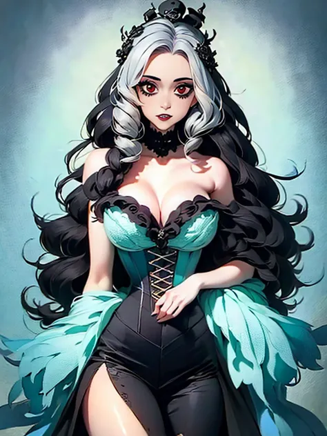 a painting of a woman with long hair and skulls on her head, a gouache by loish, Artstation, gothic art, goddess of death, beautiful necromancer, art contest winner on behance, corpse bride art style, loish |, queen of death, skulls at her hips, jen bartel...