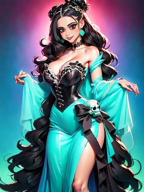 a painting of a woman with long hair and skulls on her head, a gouache by loish, Artstation, gothic art, goddess of death, beautiful necromancer, art contest winner on behance, corpse bride art style, loish |, queen of death, skulls at her hips, jen bartel...