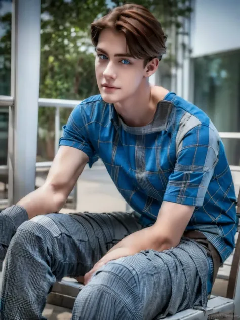 1 male teenager, deep blue eyes, curly brown hair, pale smooth skin, sitting outdoors, skinny jeans, plaid shirt, t-shirt, model...