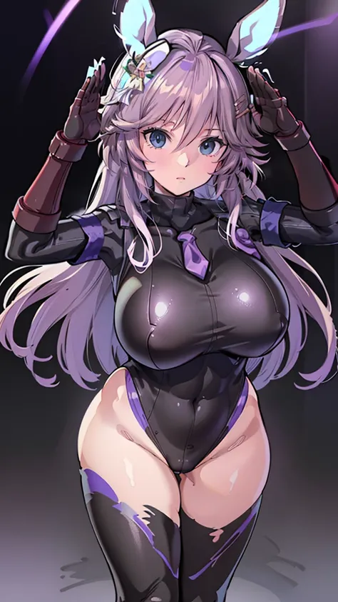 1 girl,NSFW,mr cbee, (Uma Musume),horse ears, clavicle, absurd, brainwashing,Combatant, empty eyes,((purple glowing eyes 1.5))( huge breasts ), No expression, emotions removed,((black shadaloo suit)),avert your eyes , whole body shape, ((stand up, salute))...