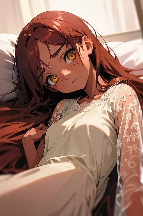 Cute face, girl, 12 years old, yellow eyes, tan skin, freckles silky red long hair, white lace nightgown, sad expression, midnight, dark room, lying on bed in bedroom, gazing at the camera, upper body