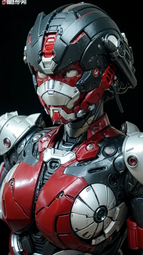 Highest quality　8k Red Iron Man Suit Girl　Japanese middle-aged women　Sweaty face　cute　short hair　boyish　Steam coming out of my head　My hair is wet with sweat　The feel of black hair　Full body portrait　My upper body is soaked　 Airtight headgear　I can see the...