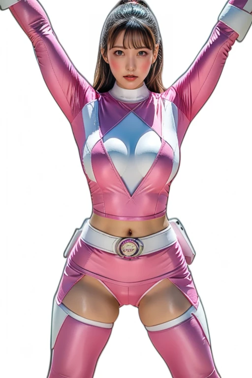 pink theme，pink ranger suit、curvy, big breats,  full body, tied on saint andrew's cross in x position