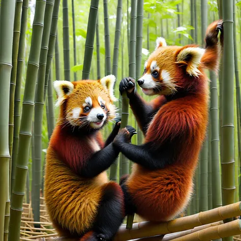 Two red pandas playing happily in the bamboo forest