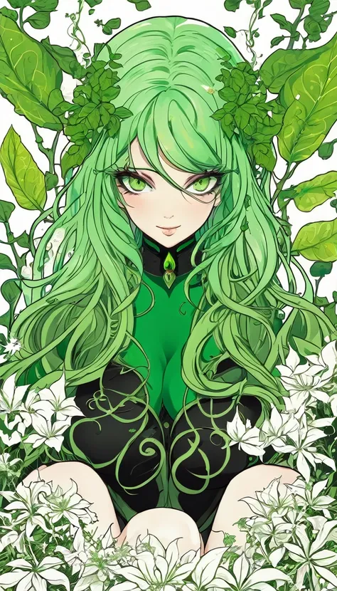 beautiful dlyad girl, long green hair, large breasts, full body, personified, fantasy, expressive eyes, beautiful face, leaves, weeds, sprouts, trees, soil, ethereality, fantasy card game frame, psychedelic, psychedelic delusion, masterpiece 