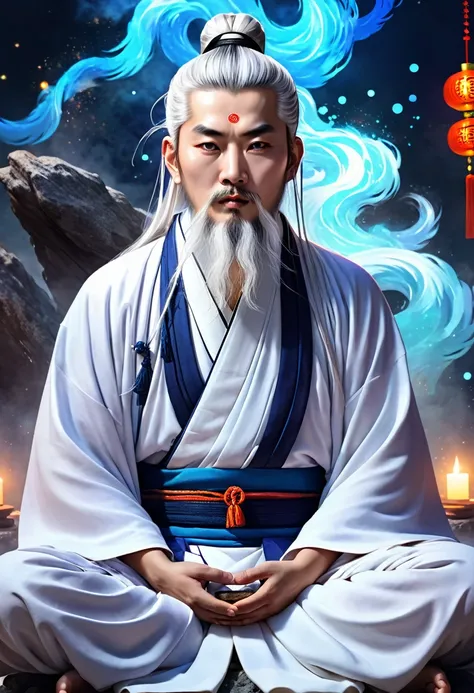 Close-up of a young Chinese Taoism leader sitting on a stone,White hair，beard，Meditate cross-legged，Taoism, Wearing a gorgeous robe，Taoism master,Taoism，In the center，Look directly into the camera，Very bright colors, Light Particles, Luminescence, Mushf, W...