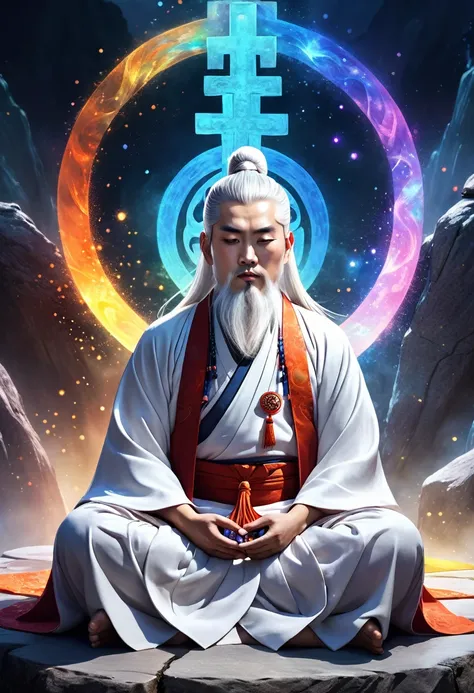 Close-up of a young Chinese Taoism leader sitting on a stone,White hair，beard，Meditate cross-legged，Taoism, Wearing a gorgeous robe，Taoism master,Taoism，In the center，Look directly into the camera，Very bright colors, Light Particles, Luminescence, Mushf, W...