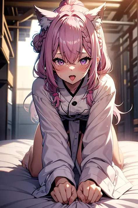 1girl, hakui koyori, top-down bottom-up, virtual youtuber, animal ears, hetero, 1boy, tongue, tongue out, pink hair, animal ear fluff, cum, ass grab, braid, sex, sheet grab, wolf ears, blush, purple eyes, hair ornament, long hair, ass, bangs, solo focus, h...