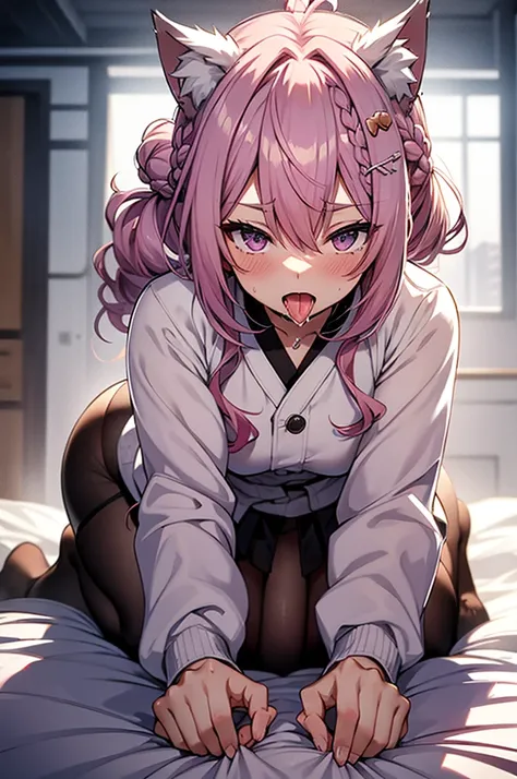 1girl, hakui koyori, top-down bottom-up, virtual youtuber, animal ears, hetero, 1boy, tongue, tongue out, pink hair, animal ear fluff, cum, ass grab, braid, sex, sheet grab, wolf ears, blush, purple eyes, hair ornament, long hair, ass, bangs, solo focus, h...