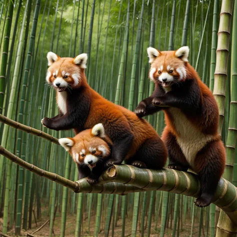 Two red pandas playing happily in the bamboo forest
