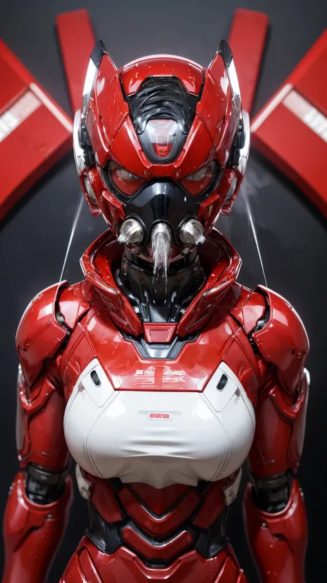 Highest quality　8k Red　Robot Suit Girl　Japanese middle-aged women　Sweaty face　cute　short hair　boyish　Steam coming out of my head　My hair is wet with sweat　The feel of black hair　Full body portrait　My upper body is soaked　 Airtight headgear　I can see the va...