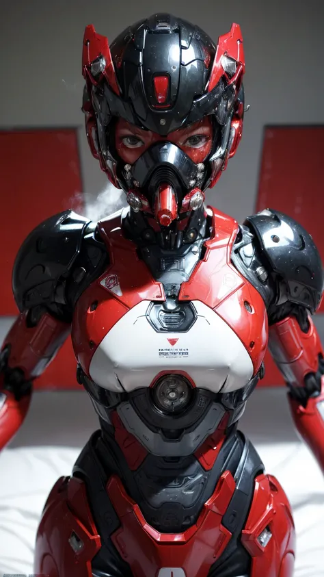 Highest quality　8k Red　Robot Suit Girl　Japanese middle-aged women　Sweaty face　cute　short hair　boyish　Steam coming out of my head　My hair is wet with sweat　The feel of black hair　Full body portrait　My upper body is soaked　 Airtight headgear　I can see the va...