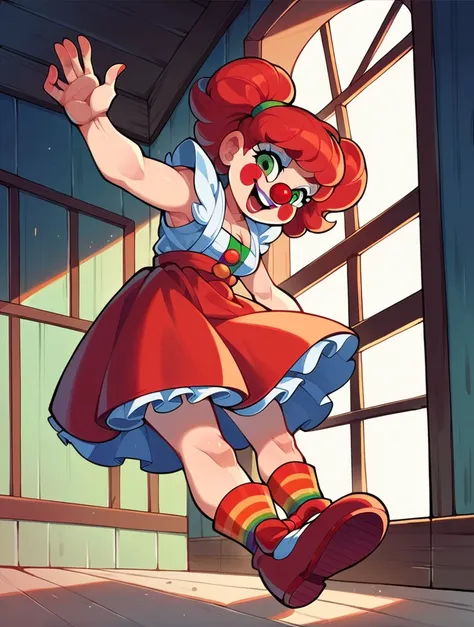 Draw me a circus baby, made entirely of iron, with short red hair, wearing a red skirt, red clown shoes, green eyes, and a red nose. From the world of electronic games, she breaks the window using her foot to get into the house.