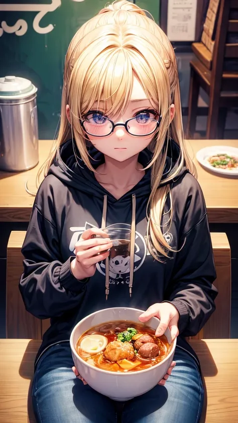 a girl with glasses and wearing a hoodie sitting at a table with a bowl of bakso and a ice tea, anime food, eating bakso, blonde anime girl with long hair, cute girl, (anime girl), cute anime girl portraits, anime artwork, beautiful anime art style, anime ...