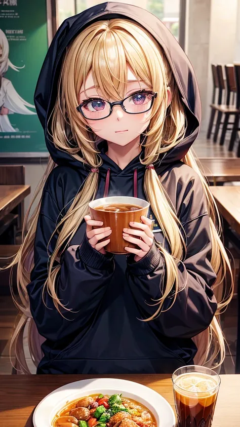 a girl with glasses and wearing a hoodie sitting at a table with a bowl of bakso and a ice tea, anime food, eating bakso, blonde anime girl with long hair, cute girl, (anime girl), cute anime girl portraits, anime artwork, beautiful anime art style, anime ...