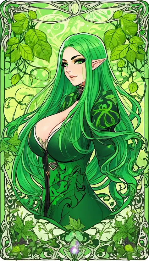 beautiful dlyad girl, long green hair, large breasts, full body, personified, fantasy, expressive eyes, beautiful face, leaves, weeds, sprouts, trees, soil, ethereality, fantasy card game frame, psychedelic, psychedelic delusion, masterpiece 